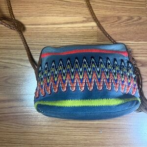 Tory Burch Blue Crossbody Bag with Multicolor Zigzag Stitching